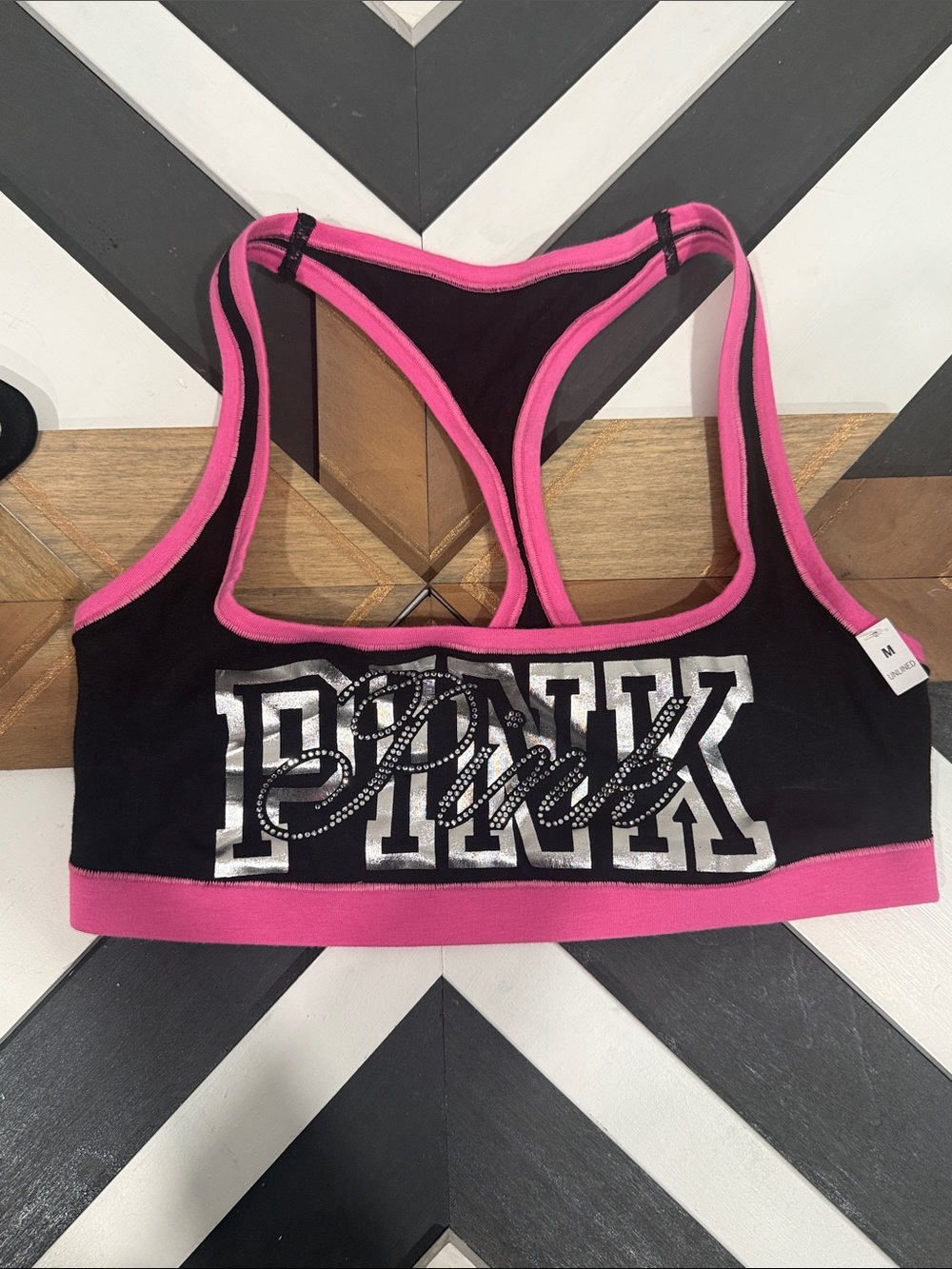 PINK Victoria's Secret Black Bralette with Pink Trim & Silver Logo